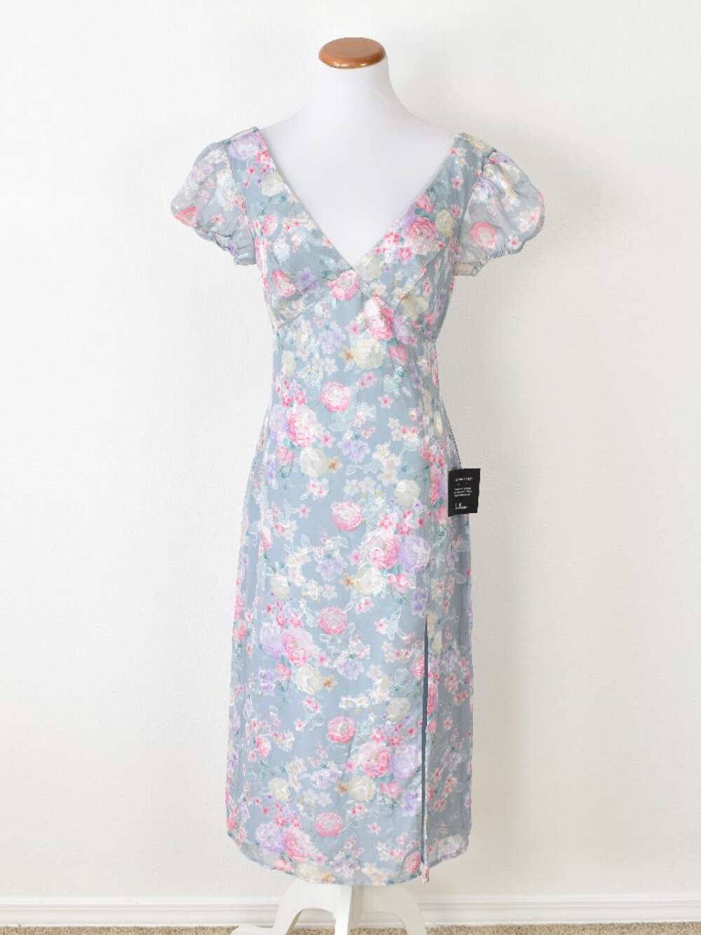 Lulu's Elegant Personality Slate Blue Floral Burnout Midi Dress NEW - S